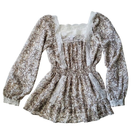 Candie's Cottagecore Floral Lace Trim Balloon Sleeve Semi sheer Peplum waist L - Picture 4 of 16